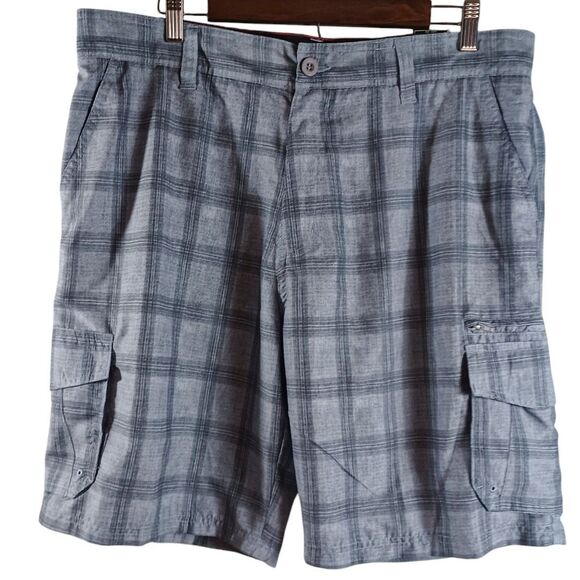 NWT Burnside Mens 36 Board Shorts Gray Plaid Cargo Pockets Flat Front Belt Loops - Picture 1 of 11